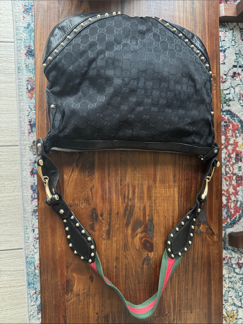 Gucci Black GG Monogram Shoulder Bag with Green-Red Web Strap